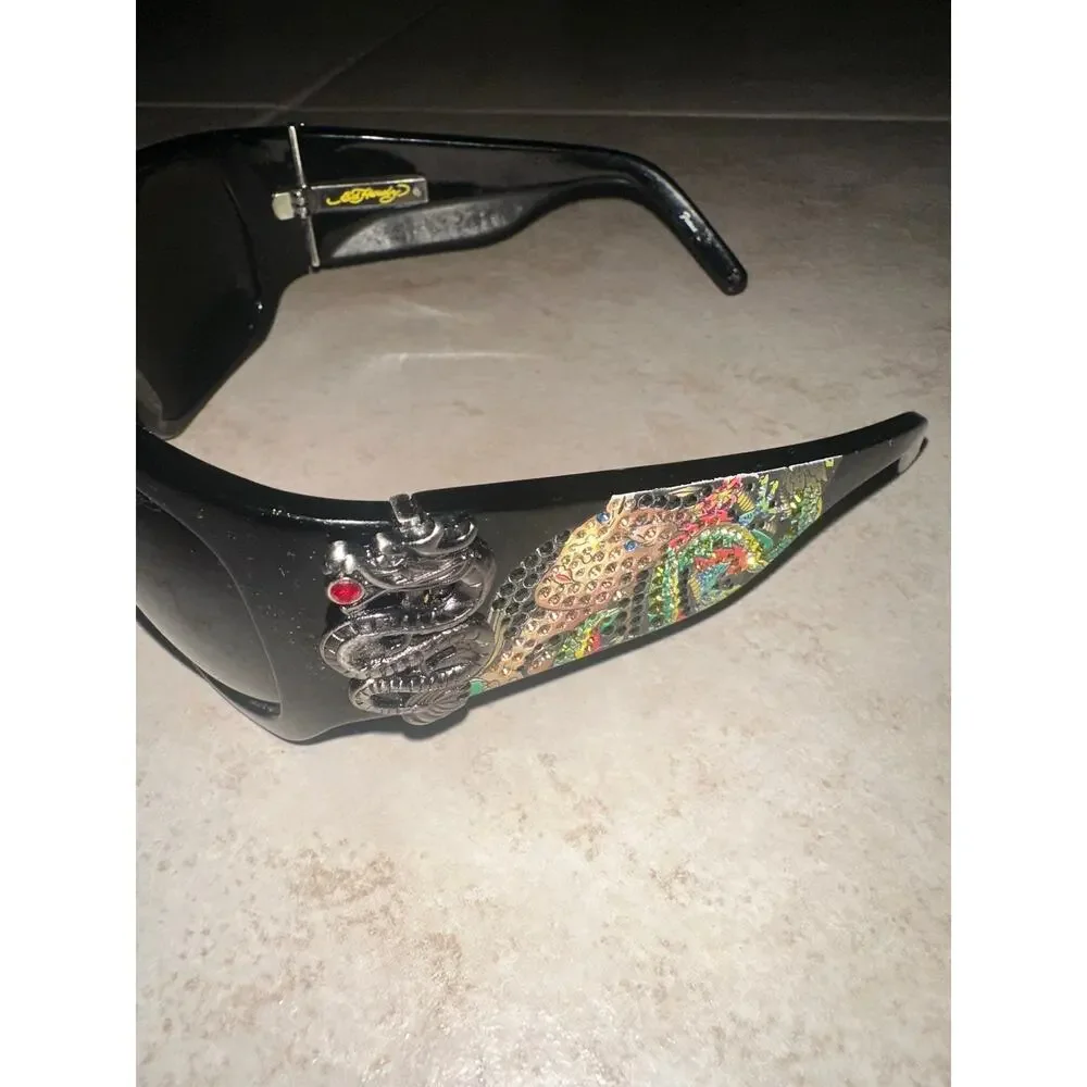 Ed Hardy EHS025 Black Dragon Rhinestone Sunglasses Y2K Vintage 64-15-120